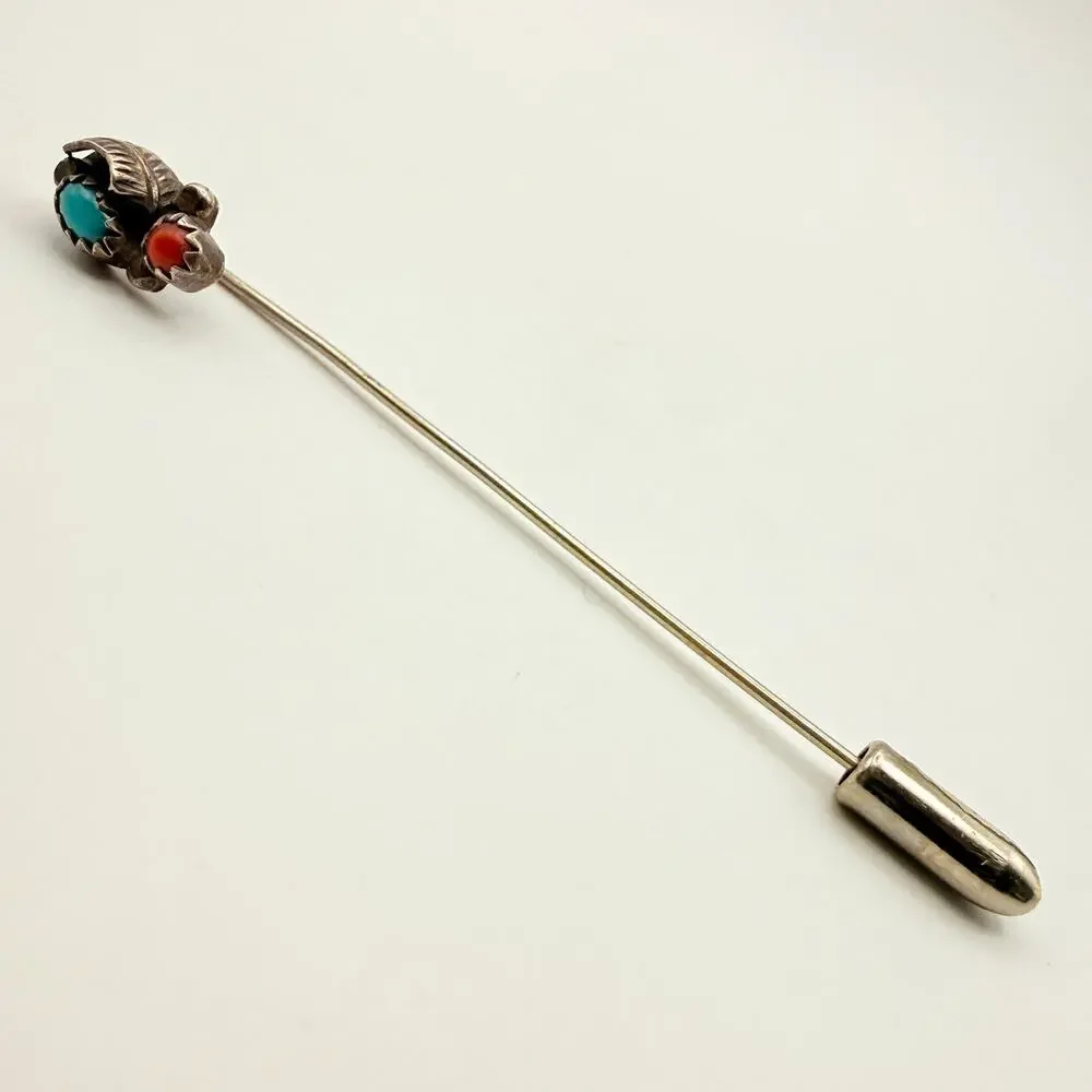 Vintage Sterling Silver Southwest Navajo Turquoise Coral Leaf Stick Pin